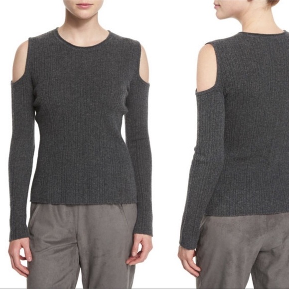 ELIE TAHARI Marlah Ribbed Wool Cashmere Cold Shoulder Gray Sweater XS - Picture 1 of 6